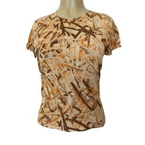 TSE Silk Cashmere Top Knit Round neck Short Sleeve Abstract Tan Beige Or…